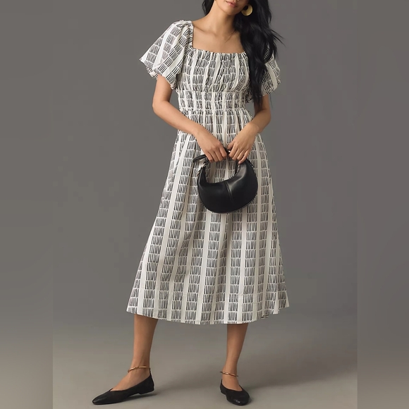 Anthropologie Maeve Puff Short Sleeve Square-Neck Smocked Midi Dress Whi… - Picture 1 of 8